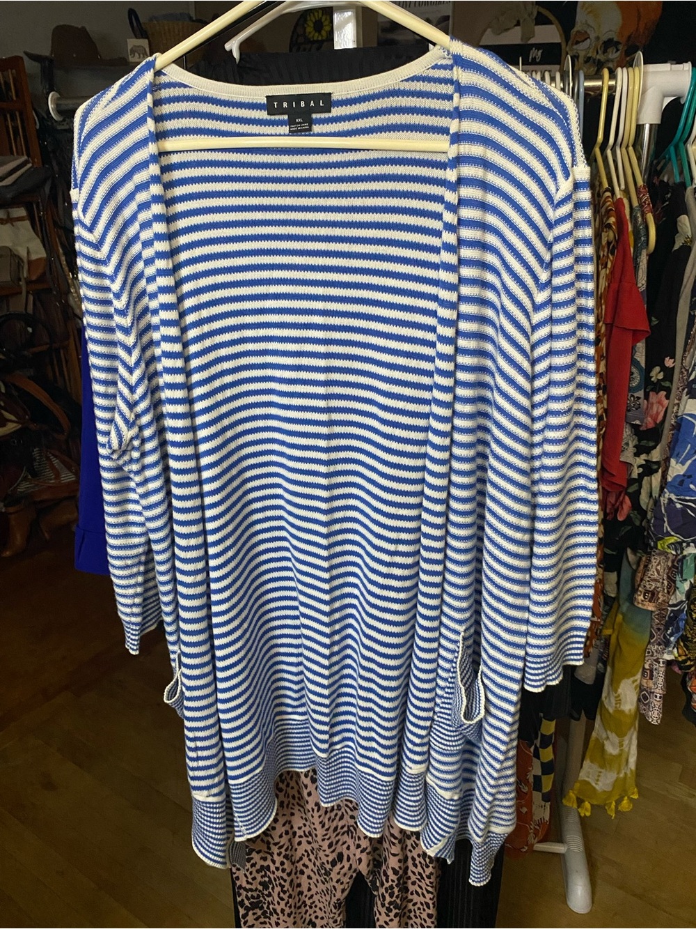 Tribal Blue and White Striped Open-Front Cardigan